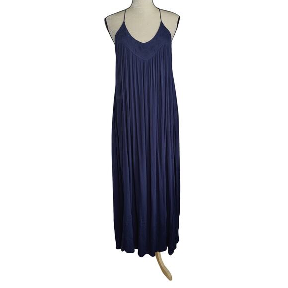 Free People Intimately Women's Sz M Navy Blue Halter Maxi Dress Embroidered Boho - Picture 1 of 10